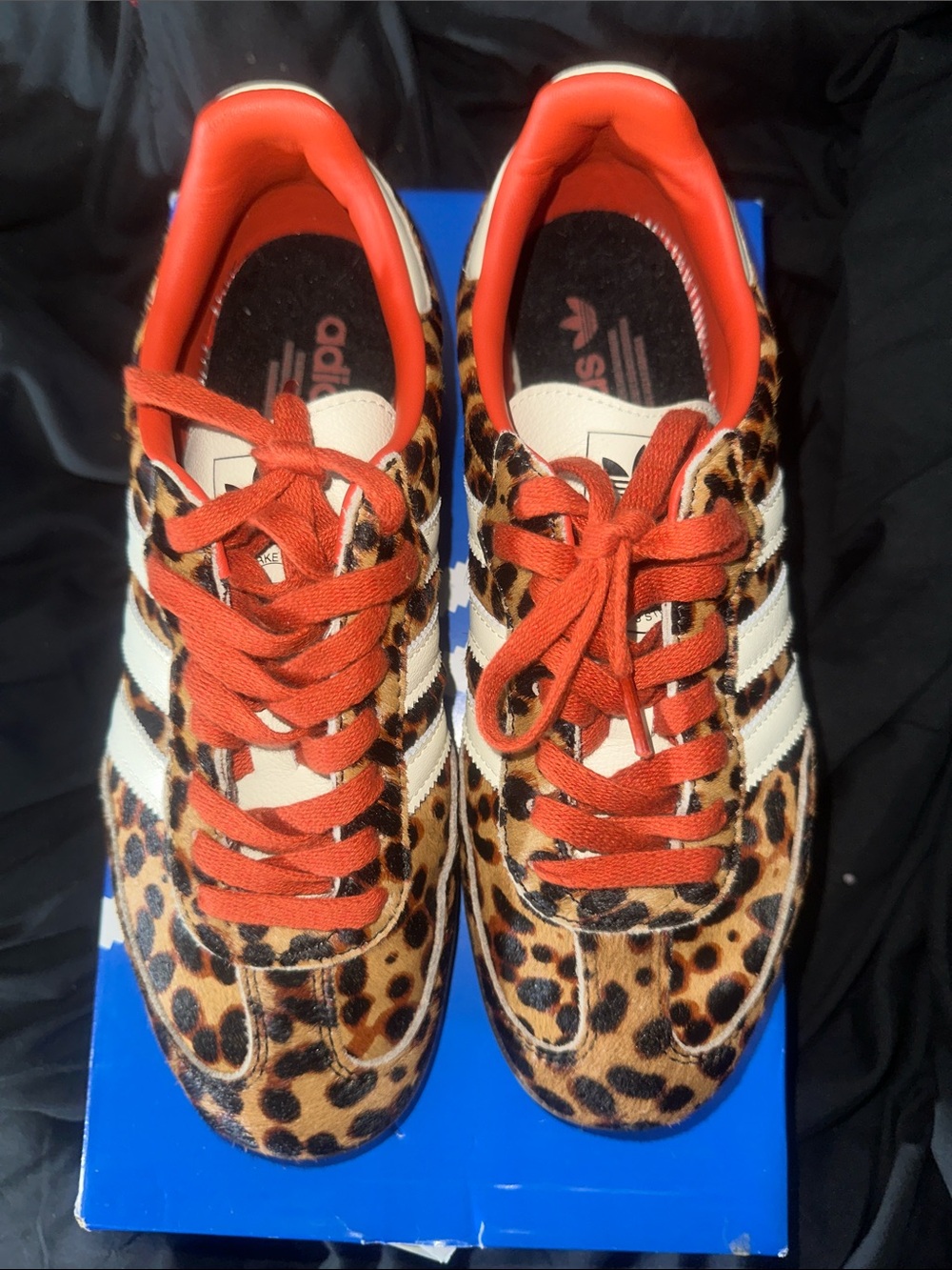 Adidas Samba Pony Hair Leopard Print Sneakers w/ Off White Stripes & Red Accents